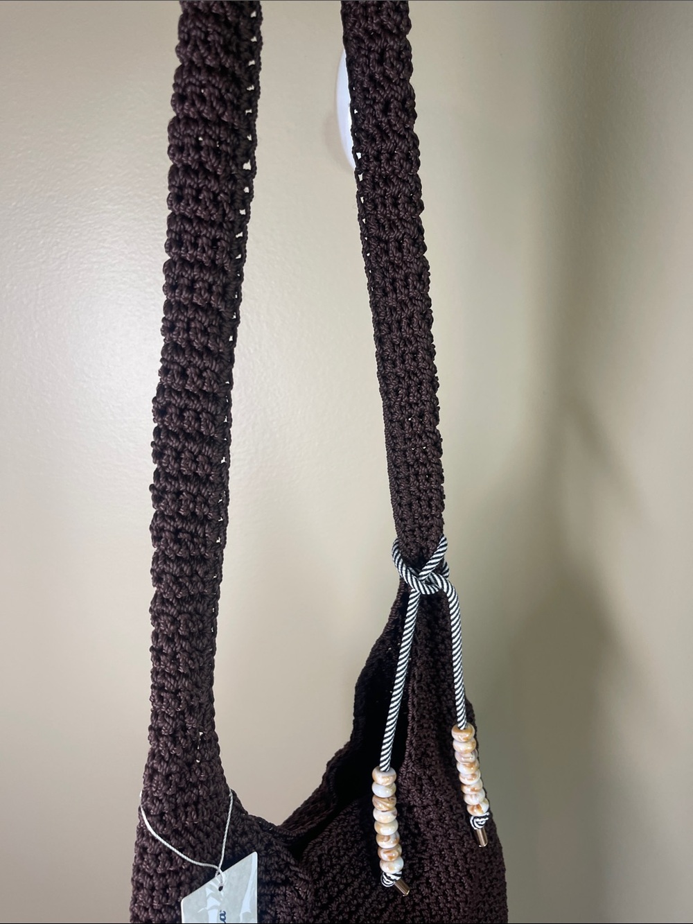 Tommy Bahama Dark Brown Crochet Shoulder Bag with Beaded accent charm - Picture 7 of 9
